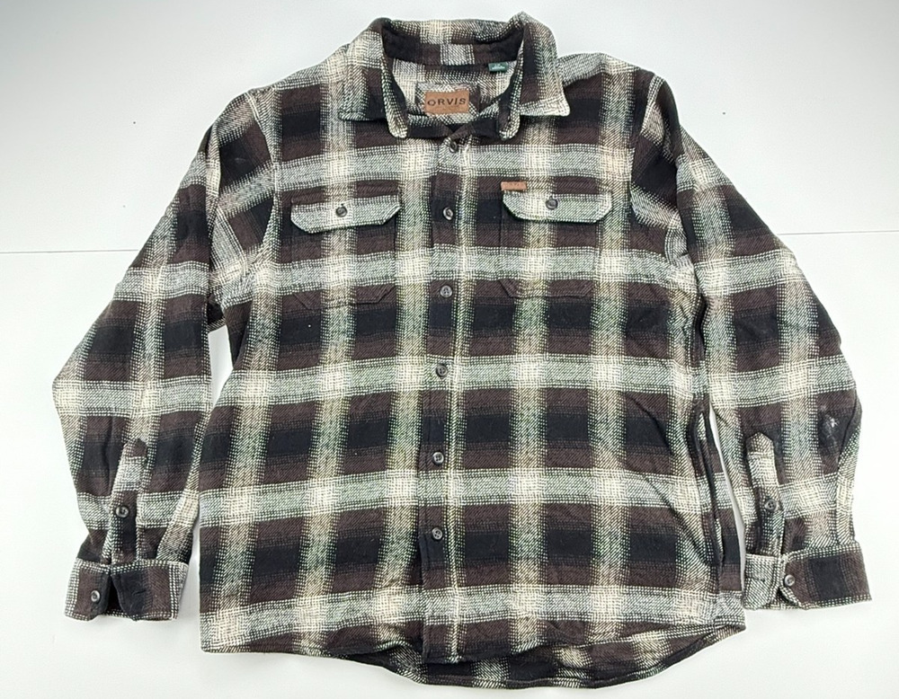 Orvis Plaid Flannel Shirt Mens Large L Brown Black Cream Button Down Heavy Cotto